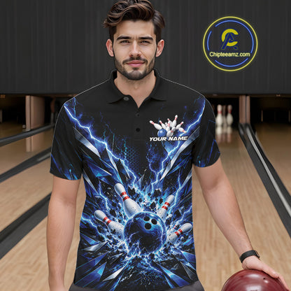 Custom Black And Blue Lightning Bowling Tournament Jersey, Bowling Team Men Polo Shirt IPHW12358