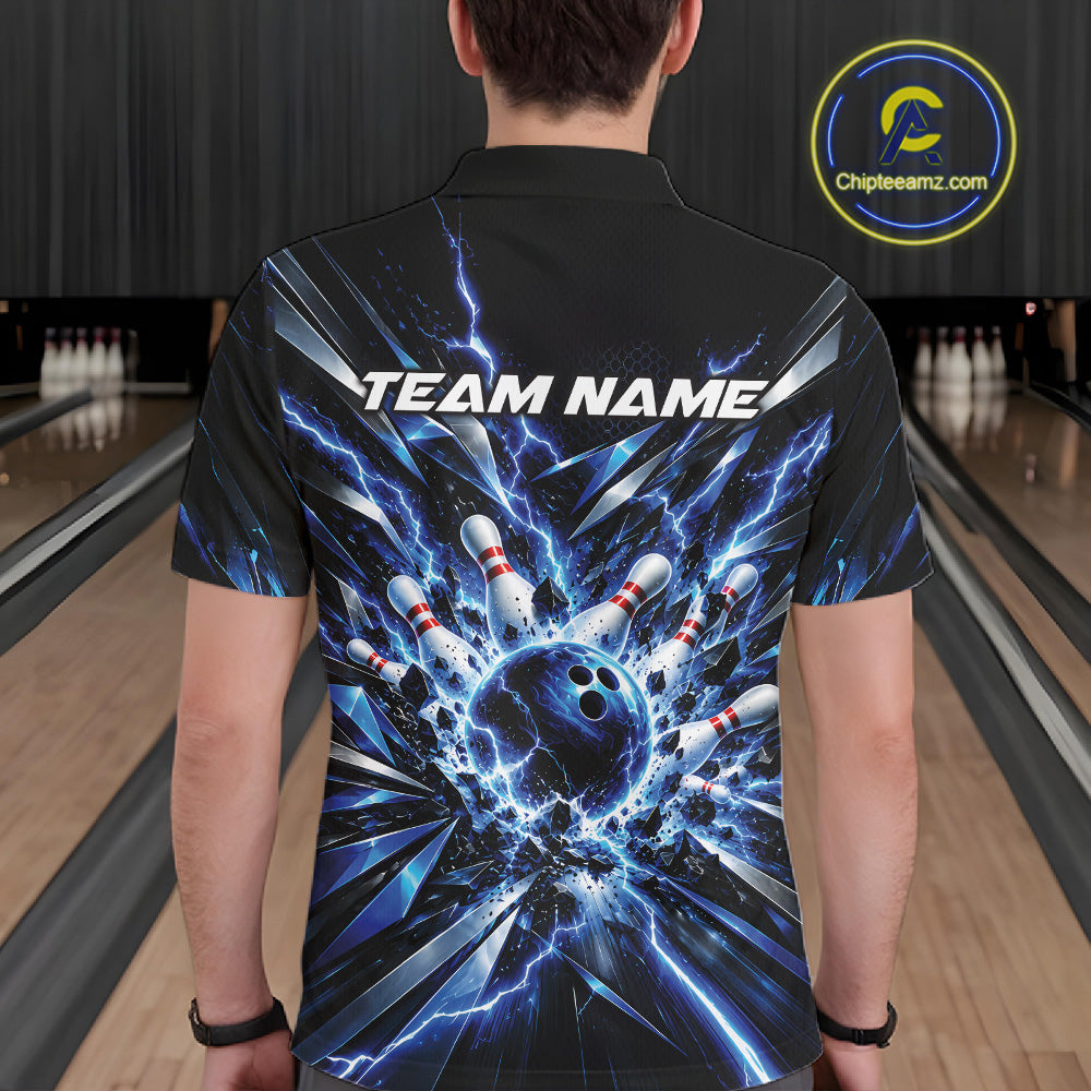 Custom Black And Blue Lightning Bowling Tournament Jersey, Bowling Team Men Polo Shirt IPHW12358
