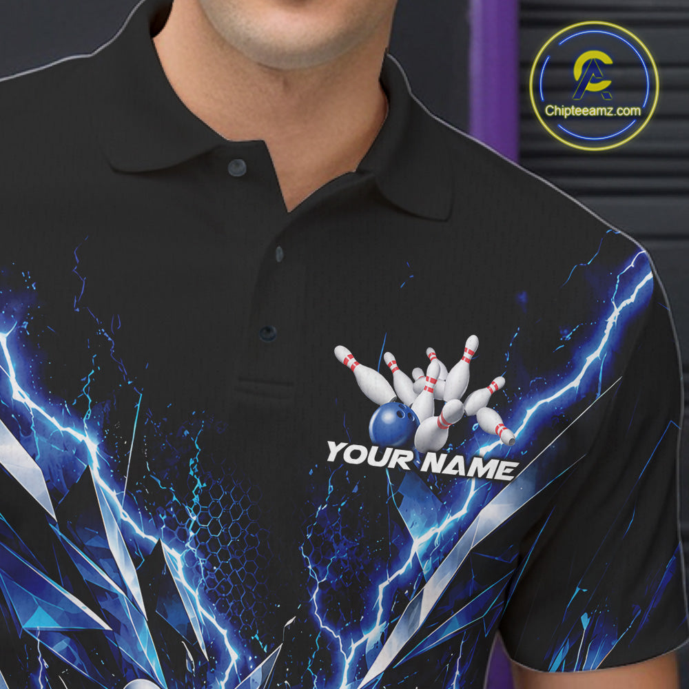 Custom Black And Blue Lightning Bowling Tournament Jersey, Bowling Team Men Polo Shirt IPHW12358