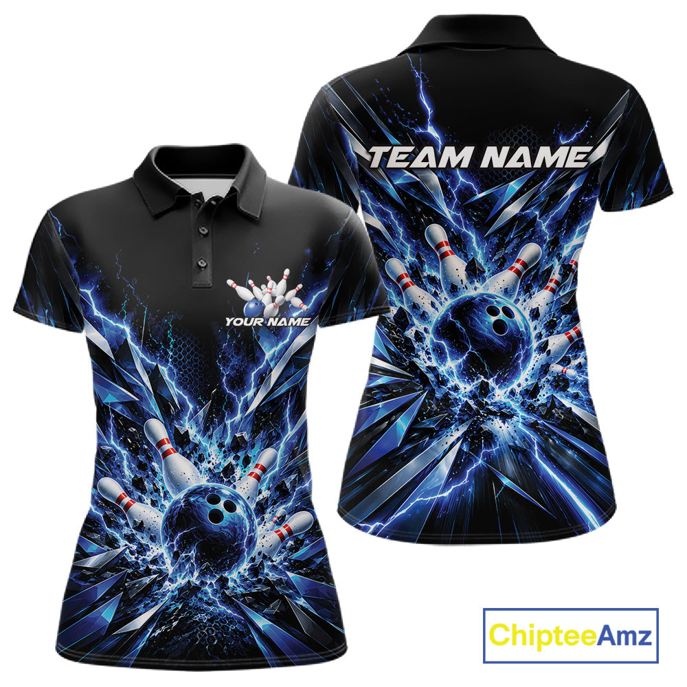 Custom Black And Blue Lightning Bowling Tournament Jersey, Bowling Team Women Polo Shirt IPHW12358