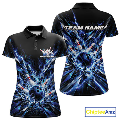 Custom Black And Blue Lightning Bowling Tournament Jersey, Bowling Team Women Polo Shirt IPHW12358