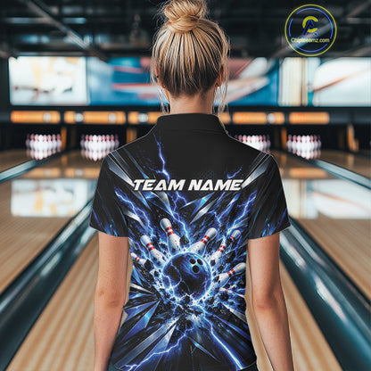 Custom Black And Blue Lightning Bowling Tournament Jersey, Bowling Team Women Polo Shirt IPHW12358