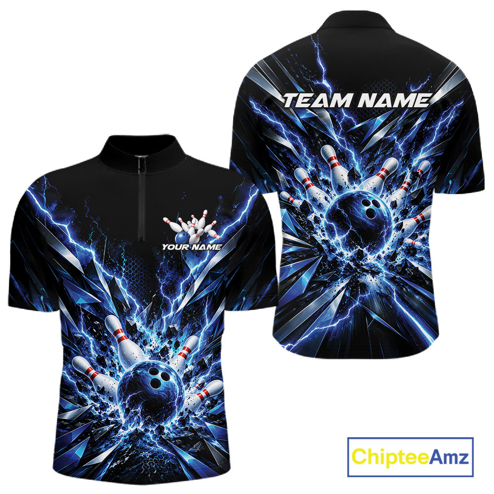 Custom Black And Blue Lightning Bowling Tournament Jersey, Bowling Team Men Quarter Zip Shirt IPHW12358