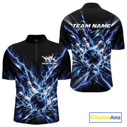 Custom Black And Blue Lightning Bowling Tournament Jersey, Bowling Team Men Quarter Zip Shirt IPHW12358
