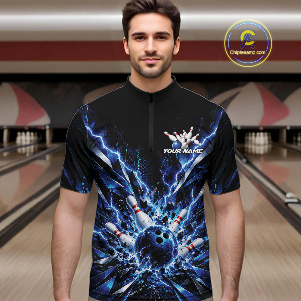 Custom Black And Blue Lightning Bowling Tournament Jersey, Bowling Team Men Quarter Zip Shirt IPHW12358