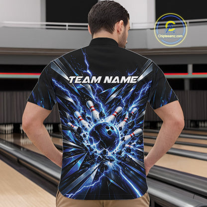 Custom Black And Blue Lightning Bowling Tournament Jersey, Bowling Team Men Quarter Zip Shirt IPHW12358