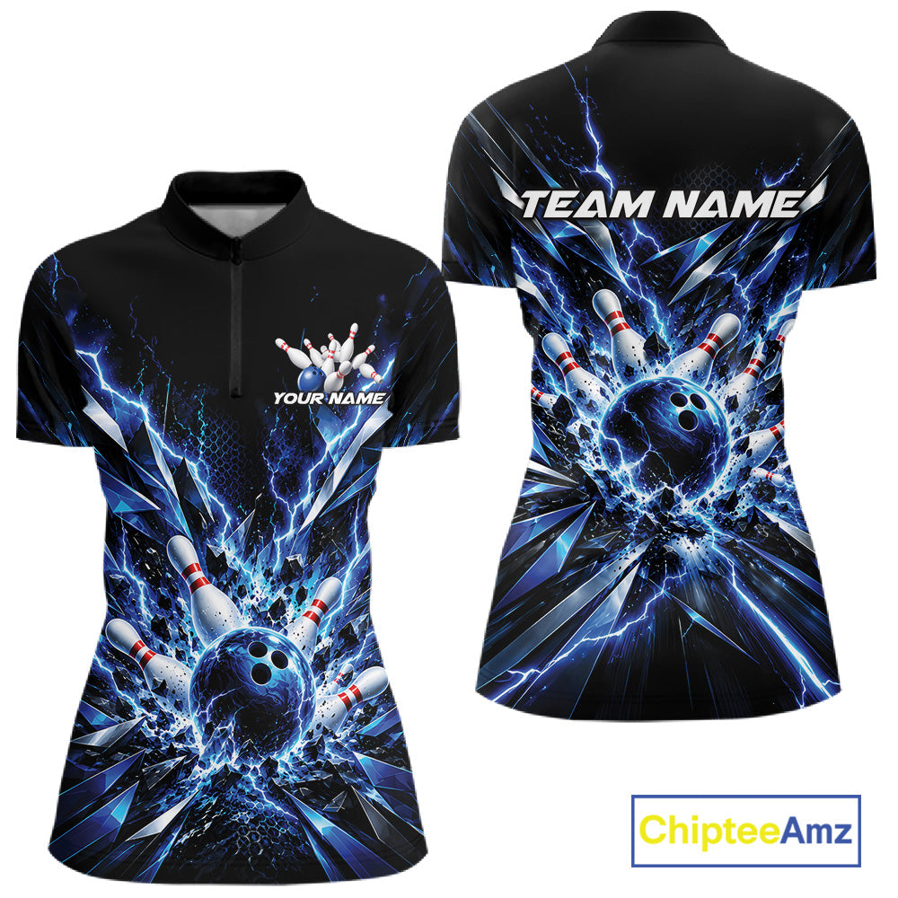 Custom Black And Blue Lightning Bowling Jersey, Bowling Team Women Quarter-Zip Shirt IPHW12358