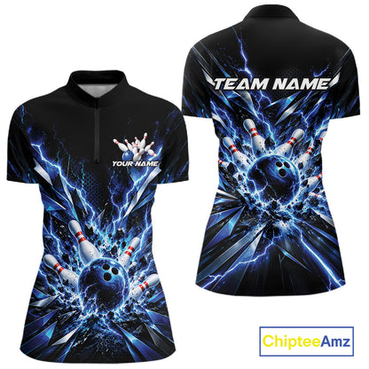 Custom Black And Blue Lightning Bowling Jersey, Bowling Team Women Quarter-Zip Shirt IPHW12358