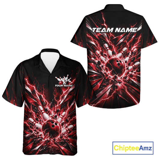 Custom Black And Red Lightning Bowling Tournament Jersey, Bowling Team Men And Women Button Up Shirt IPHW12359
