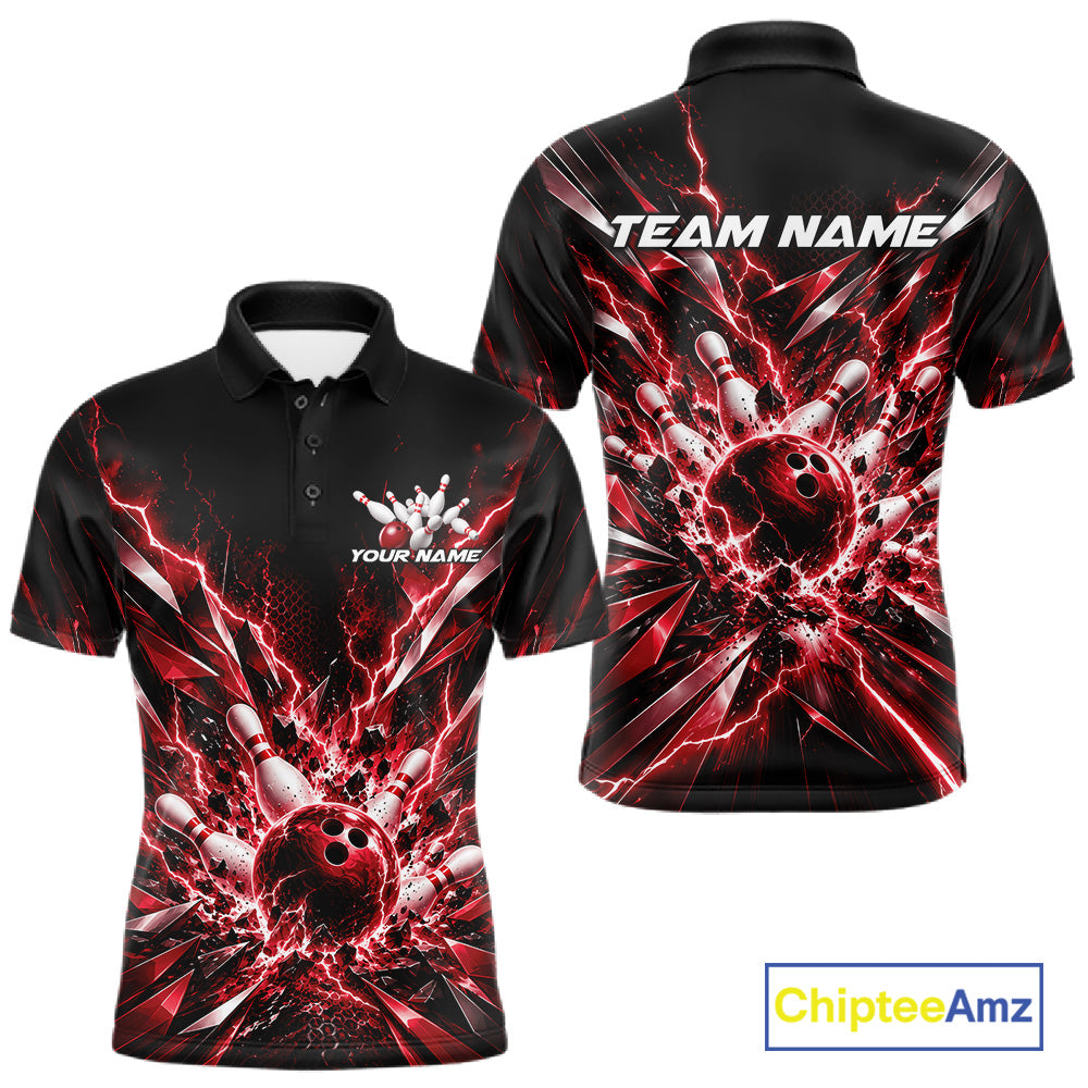 Custom Black And Red Lightning Bowling Tournament Jersey, Bowling Team Men Polo Shirt IPHW12359