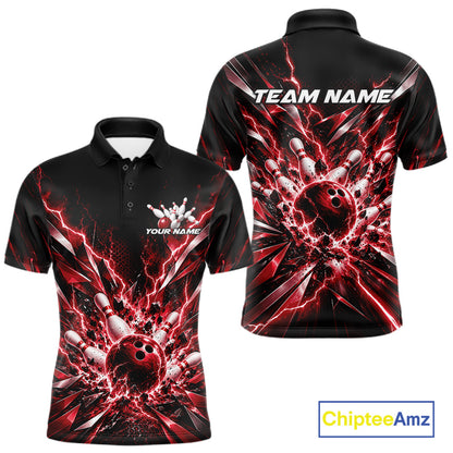 Custom Black And Red Lightning Bowling Tournament Jersey, Bowling Team Men Polo Shirt IPHW12359