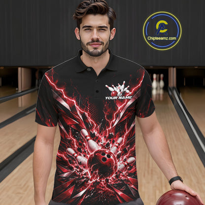 Custom Black And Red Lightning Bowling Tournament Jersey, Bowling Team Men Polo Shirt IPHW12359
