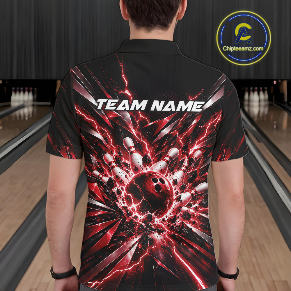 Custom Black And Red Lightning Bowling Tournament Jersey, Bowling Team Men Polo Shirt IPHW12359