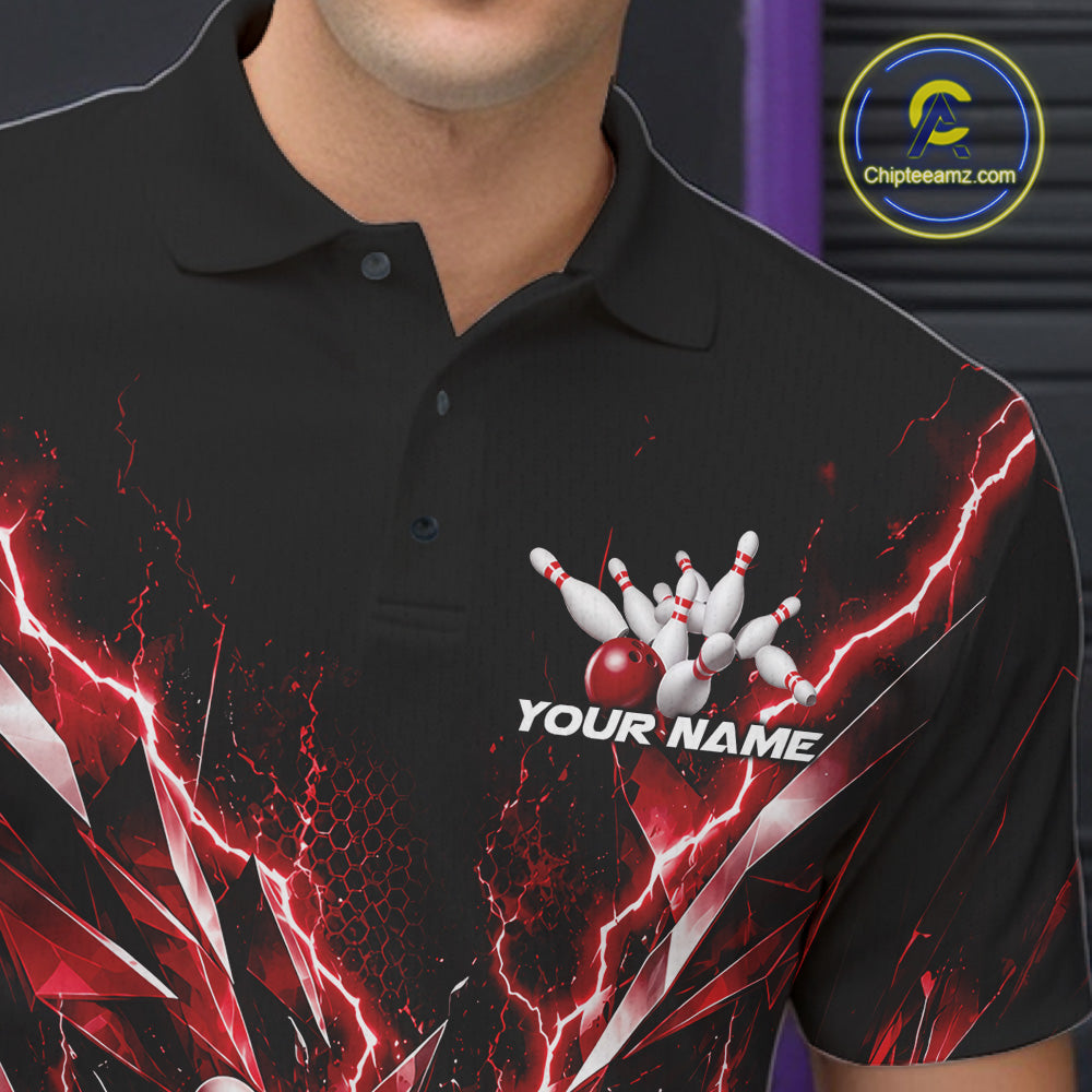 Custom Black And Red Lightning Bowling Tournament Jersey, Bowling Team Men Polo Shirt IPHW12359