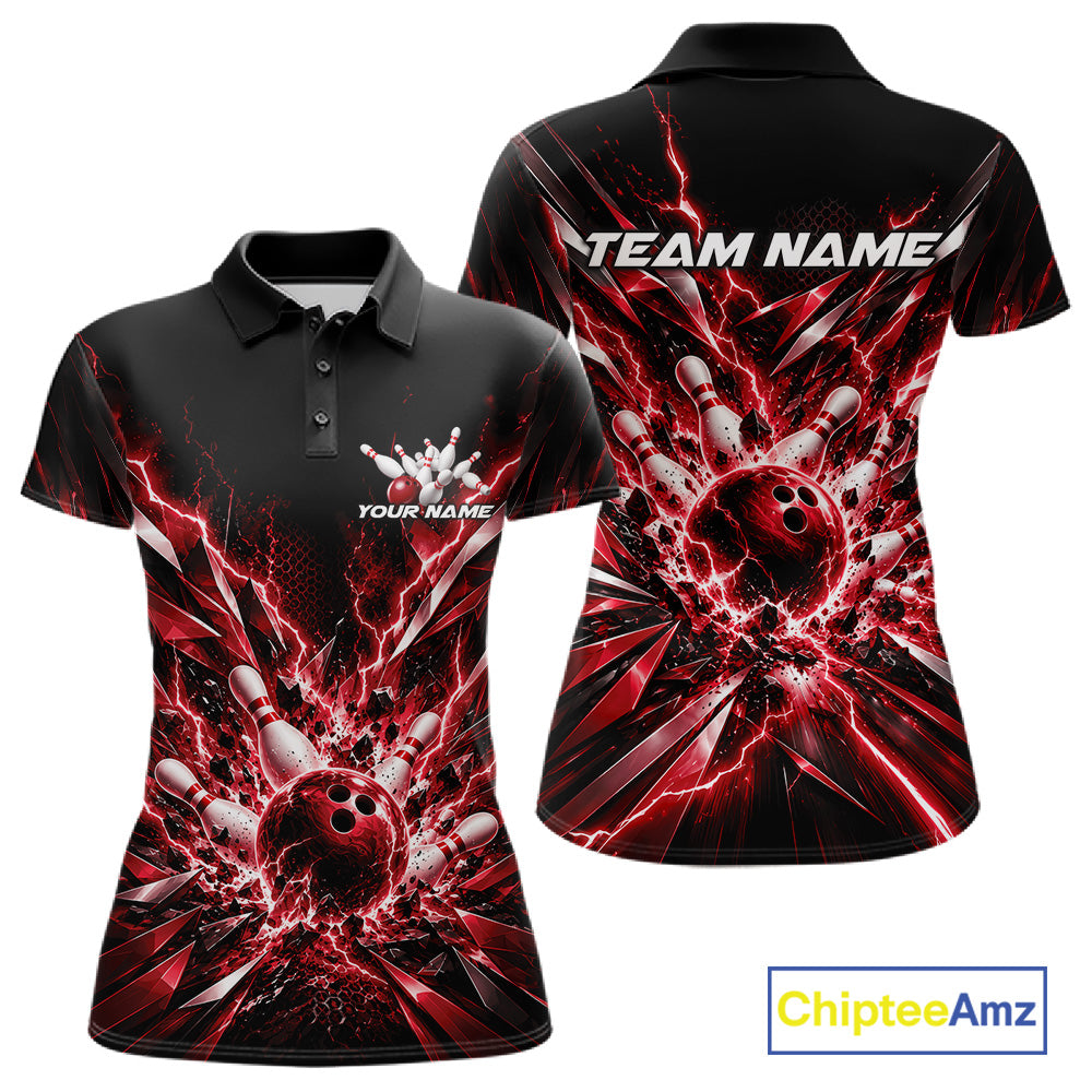 Custom Black And Red Lightning Bowling Tournament Jersey, Bowling Team Women Polo Shirt IPHW12359