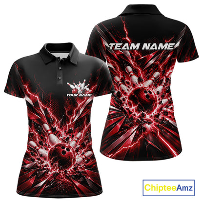 Custom Black And Red Lightning Bowling Tournament Jersey, Bowling Team Women Polo Shirt IPHW12359