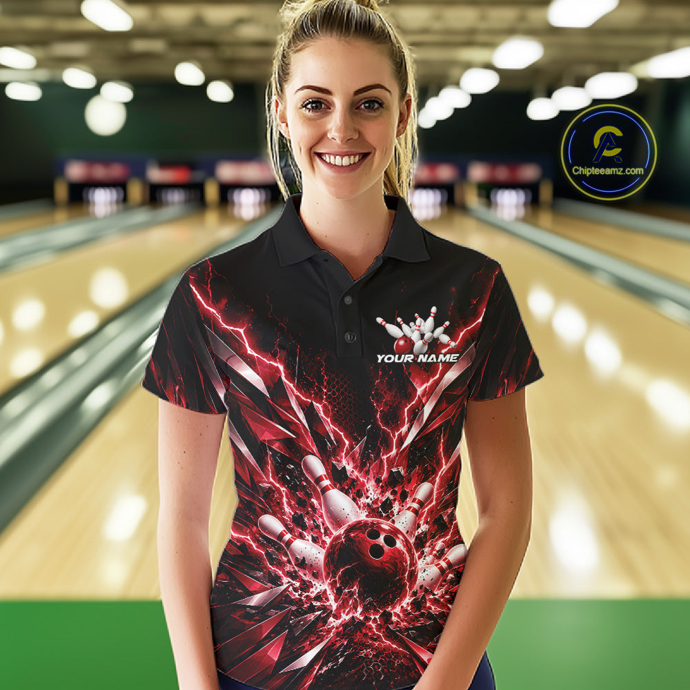 Custom Black And Red Lightning Bowling Tournament Jersey, Bowling Team Women Polo Shirt IPHW12359
