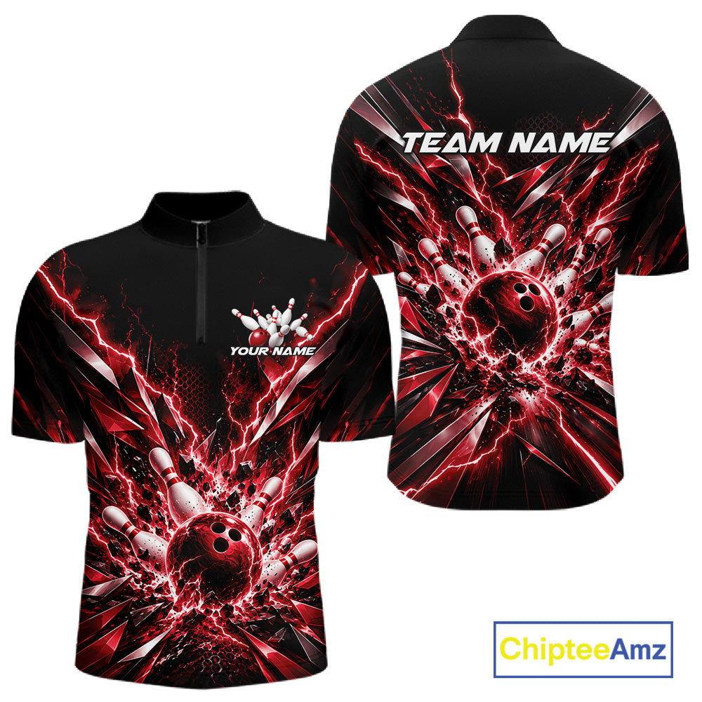 Custom Black And Red Lightning Bowling Tournament Jersey, Bowling Team Men Quarter Zip Shirt IPHW12359