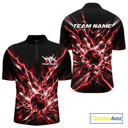 Custom Black And Red Lightning Bowling Tournament Jersey, Bowling Team Men Quarter Zip Shirt IPHW12359