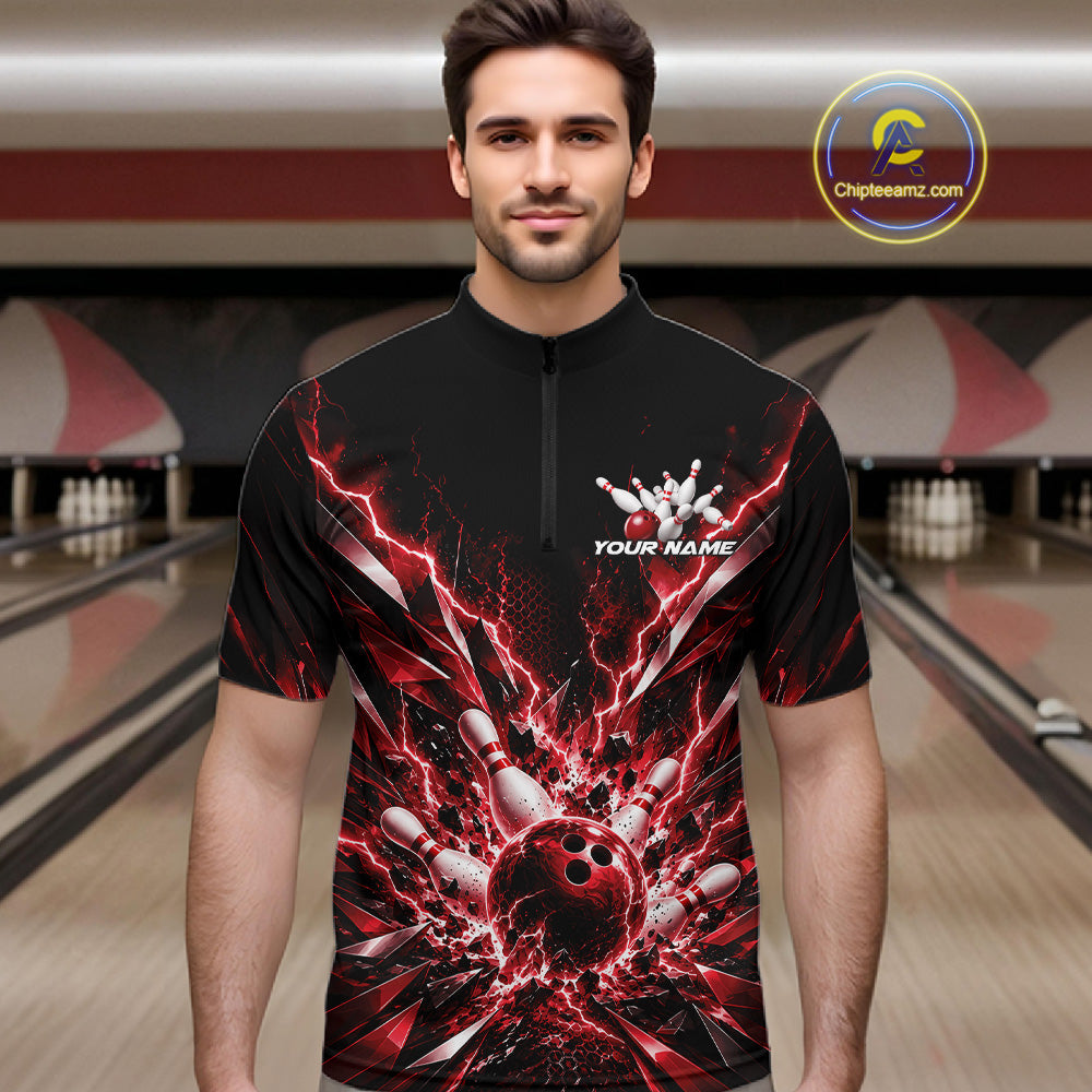 Custom Black And Red Lightning Bowling Tournament Jersey, Bowling Team Men Quarter Zip Shirt IPHW12359