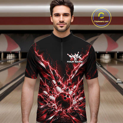 Custom Black And Red Lightning Bowling Tournament Jersey, Bowling Team Men Quarter Zip Shirt IPHW12359