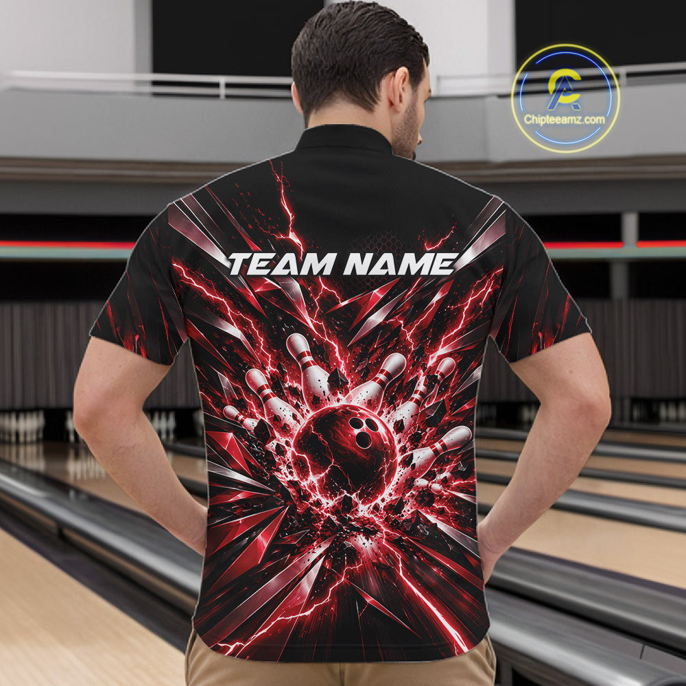 Custom Black And Red Lightning Bowling Tournament Jersey, Bowling Team Men Quarter Zip Shirt IPHW12359