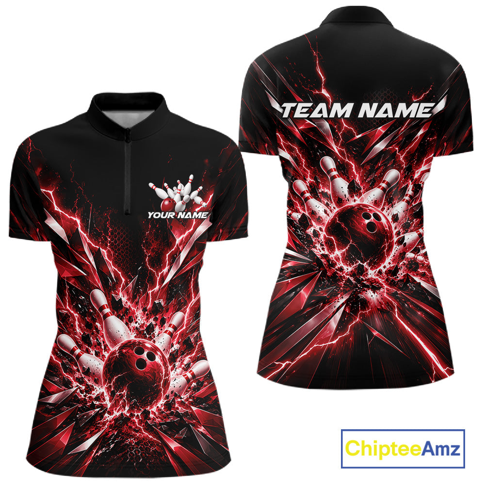 Custom Black And Red Lightning Bowling Jersey, Bowling Team Women Quarter-Zip Shirt IPHW12359