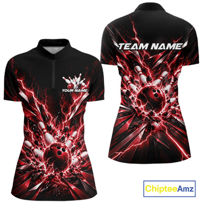 Custom Black And Red Lightning Bowling Jersey, Bowling Team Women Quarter-Zip Shirt IPHW12359