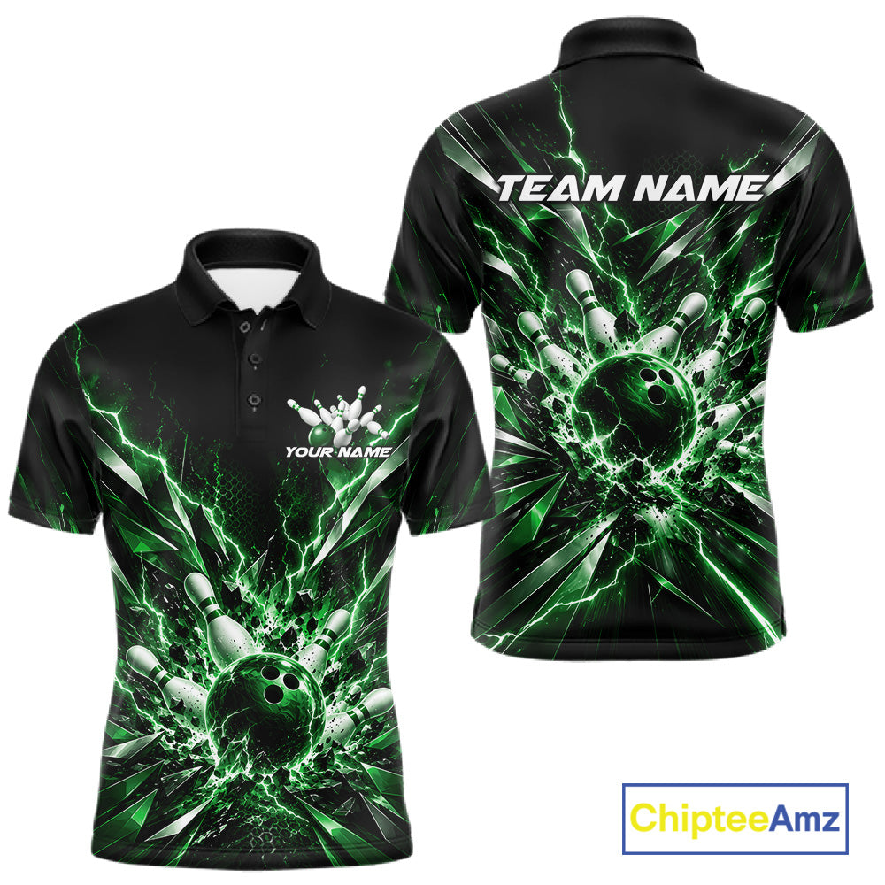 Custom Black And Green Lightning Bowling Tournament Jersey, Bowling Team Men Polo Shirt IPHW12360