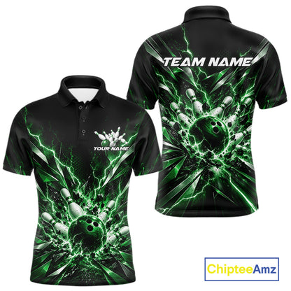 Custom Black And Green Lightning Bowling Tournament Jersey, Bowling Team Men Polo Shirt IPHW12360