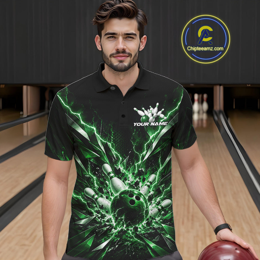 Custom Black And Green Lightning Bowling Tournament Jersey, Bowling Team Men Polo Shirt IPHW12360
