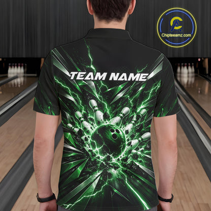 Custom Black And Green Lightning Bowling Tournament Jersey, Bowling Team Men Polo Shirt IPHW12360