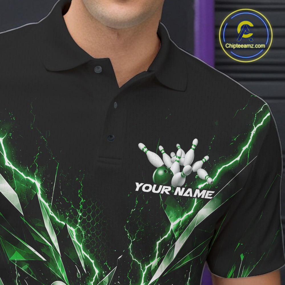 Custom Black And Green Lightning Bowling Tournament Jersey, Bowling Team Men Polo Shirt IPHW12360