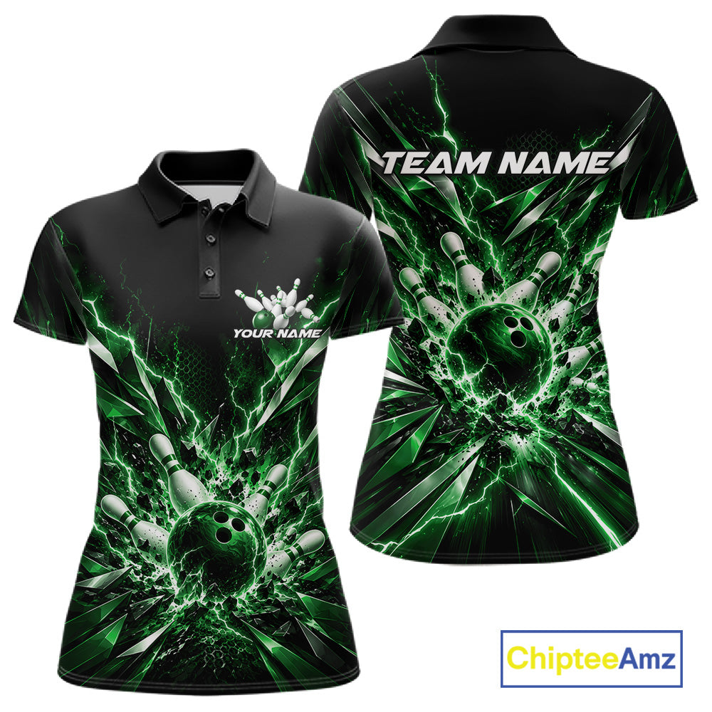 Custom Black And Green Lightning Bowling Tournament Jersey, Bowling Team Women Polo Shirt IPHW12360