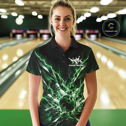 Custom Black And Green Lightning Bowling Tournament Jersey, Bowling Team Women Polo Shirt IPHW12360