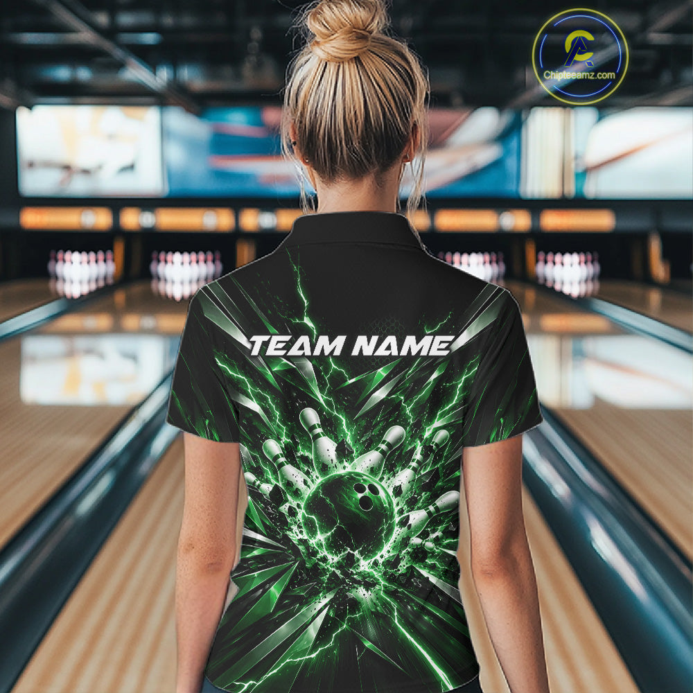 Custom Black And Green Lightning Bowling Tournament Jersey, Bowling Team Women Polo Shirt IPHW12360