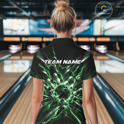 Custom Black And Green Lightning Bowling Tournament Jersey, Bowling Team Women Polo Shirt IPHW12360