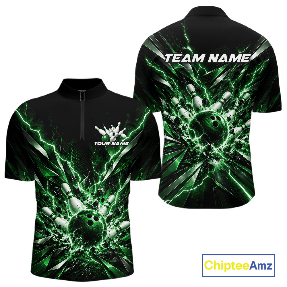 Custom Black And Green Lightning Bowling Tournament Jersey, Bowling Team Men Quarter Zip Shirt IPHW12360