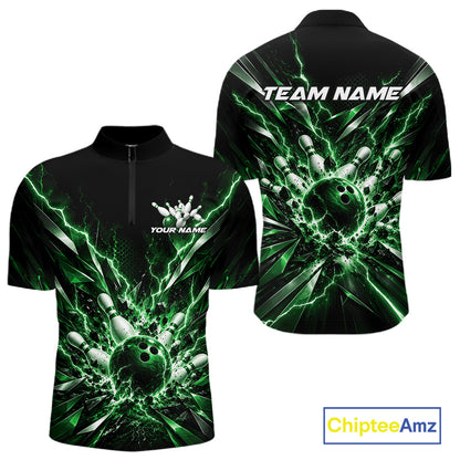 Custom Black And Green Lightning Bowling Tournament Jersey, Bowling Team Men Quarter Zip Shirt IPHW12360