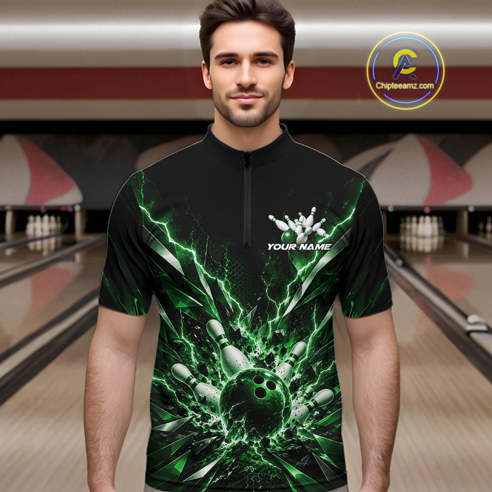 Custom Black And Green Lightning Bowling Tournament Jersey, Bowling Team Men Quarter Zip Shirt IPHW12360