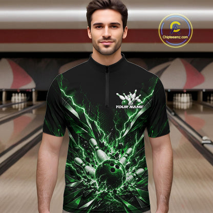 Custom Black And Green Lightning Bowling Tournament Jersey, Bowling Team Men Quarter Zip Shirt IPHW12360