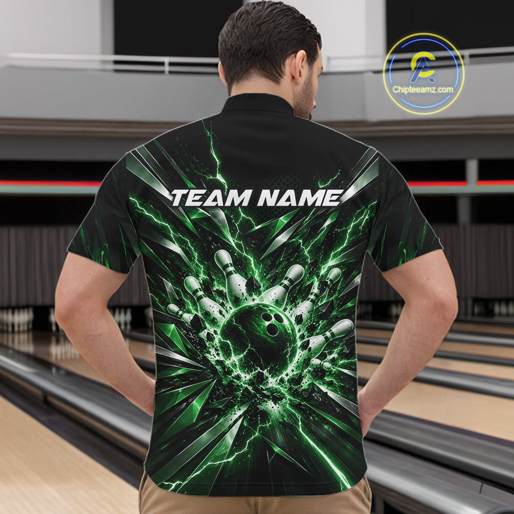 Custom Black And Green Lightning Bowling Tournament Jersey, Bowling Team Men Quarter Zip Shirt IPHW12360