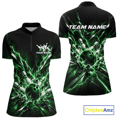Custom Black And Green Lightning Bowling Tournament Jersey, Bowling Team Women Shirt IPHW12360