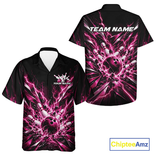 Custom Black And Pink Lightning Bowling Tournament Jersey, Bowling Team Men And Women Button Up Shirt IPHW12361