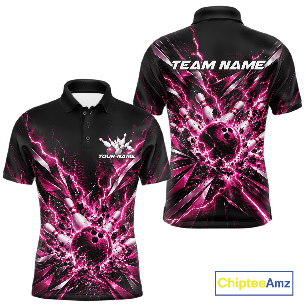 Custom Black And Pink Lightning Bowling Tournament Jersey, Bowling Team Men Polo Shirt IPHW12361