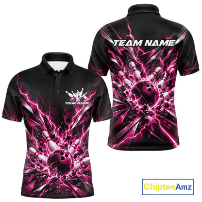 Custom Black And Pink Lightning Bowling Tournament Jersey, Bowling Team Men Polo Shirt IPHW12361