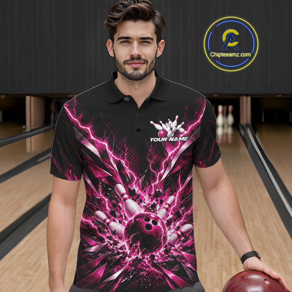 Custom Black And Pink Lightning Bowling Tournament Jersey, Bowling Team Men Polo Shirt IPHW12361