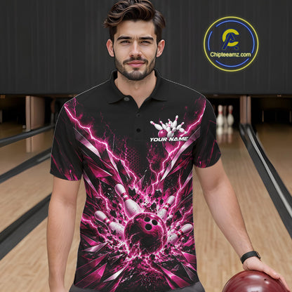 Custom Black And Pink Lightning Bowling Tournament Jersey, Bowling Team Men Polo Shirt IPHW12361