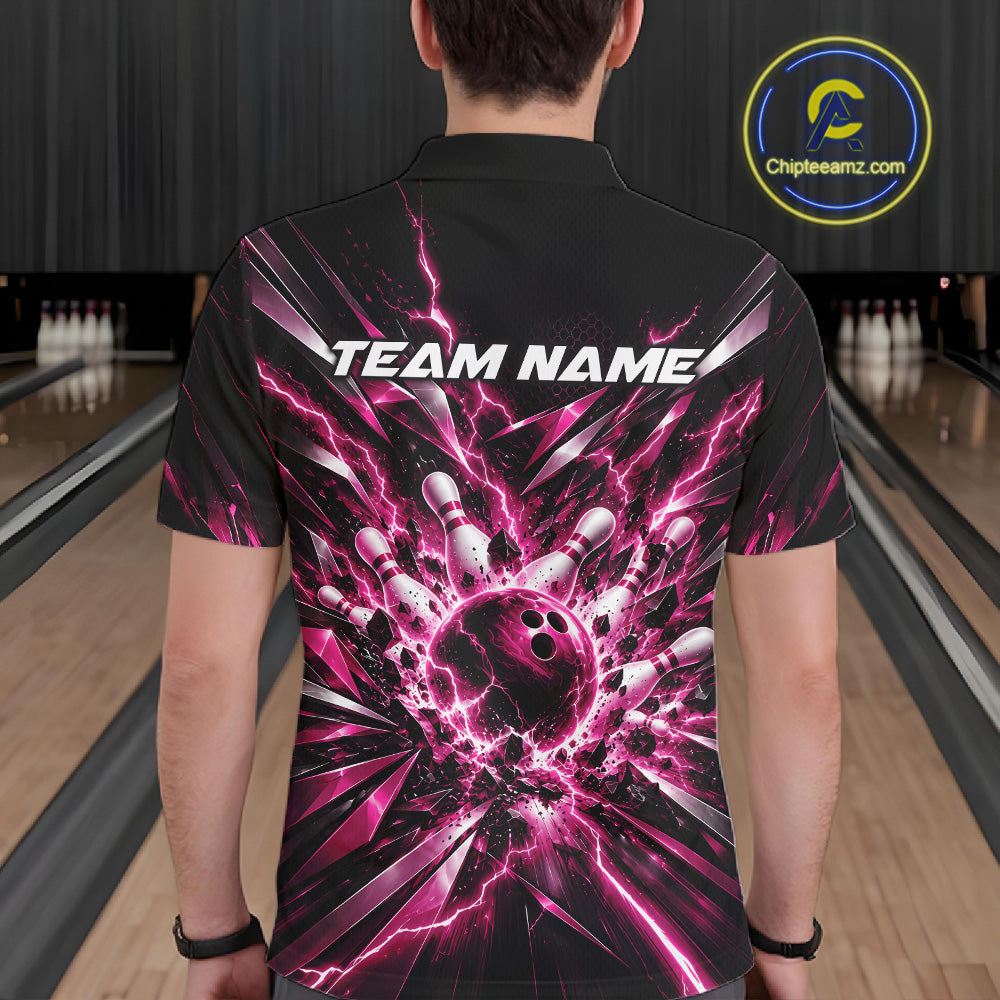 Custom Black And Pink Lightning Bowling Tournament Jersey, Bowling Team Men Polo Shirt IPHW12361