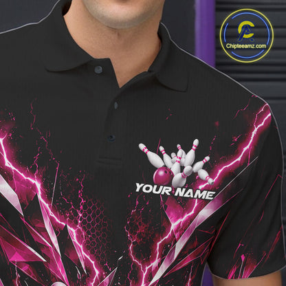 Custom Black And Pink Lightning Bowling Tournament Jersey, Bowling Team Men Polo Shirt IPHW12361